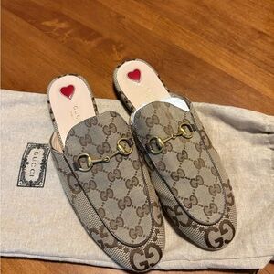 Gucci Women's Beige GG Canvas Mules with Gold Accents